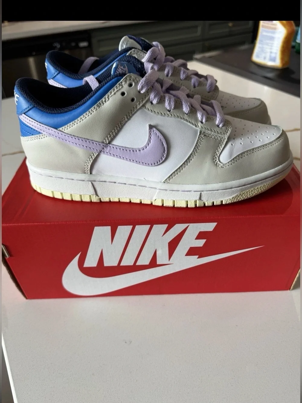 Nike Dunk Low, Tan/Purple/White, Size 6Y